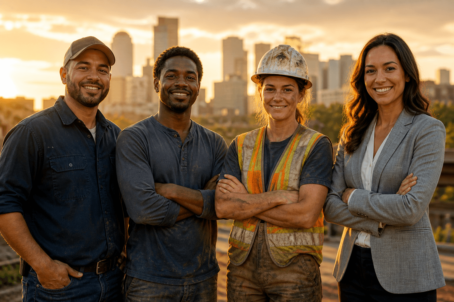 Local professionals standing together at sunset