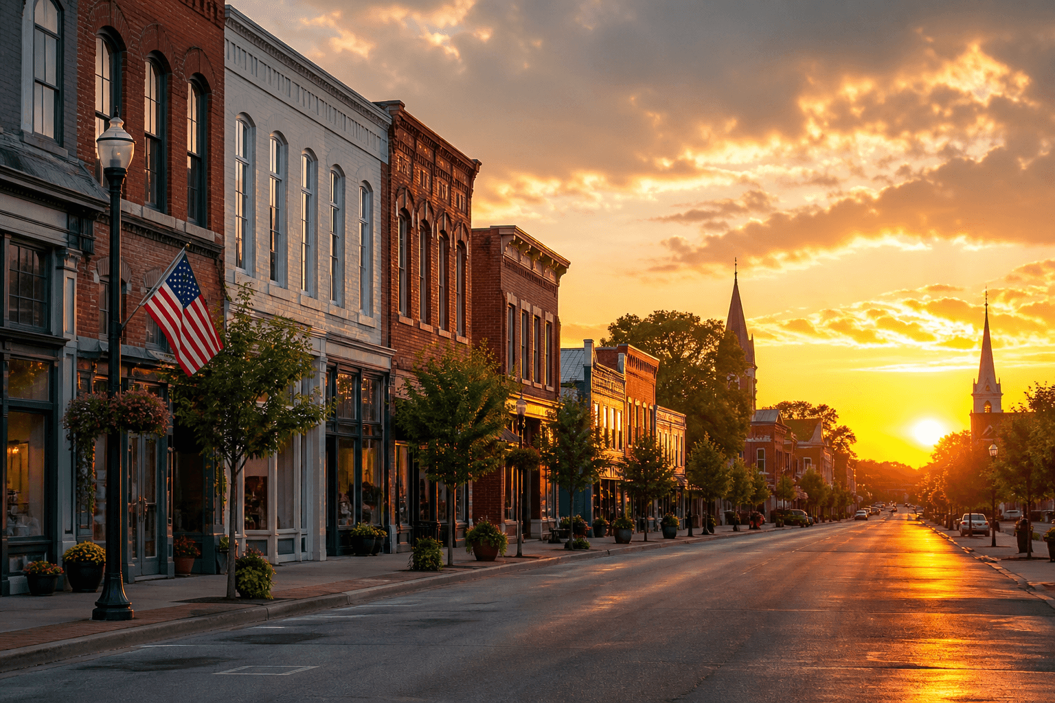 American main street at sunset